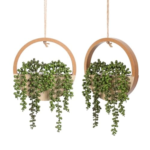 Floweroyal 2pcs Artificial Succulents Hanging Plants 12.2'' Fake String of Pearls in Pot with 8.3'' Lanyard for Indoor Outdoor Wall Decor(Wood Color).