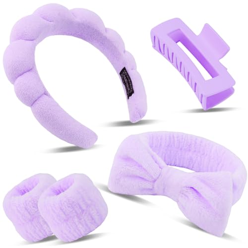 Canitor Spa Headband Wrist Bands Set with Hair Clips Skincare Washing Face Skin Care Puffy Makeup Preppy Teen Girl Gifts Cute Trendy Stuff Fashion Hair Accessories for Women (purple)