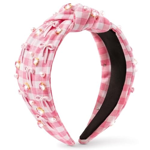 Y1tvei Bow Checked Knotted Headband - Coquette Pink Bow Checked Crystal Rhinestone Pearl Embellished Headband Wide Top Knot Fashion Non Slip Trendy Plaid Hair Accessories Gift for Women Christmas