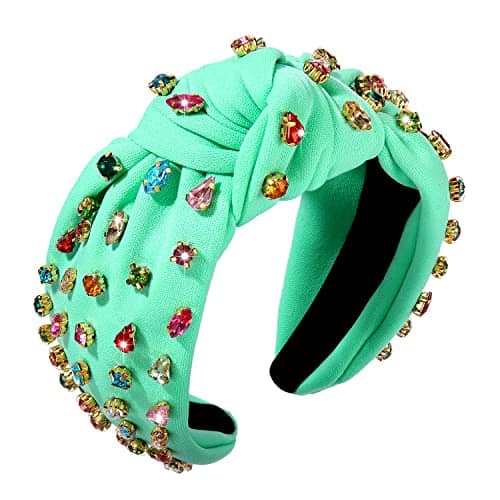 NVENF Rhinestone Knotted Headbands for Women, Crystal Beaded Jeweled Headband, Top Knot Headbands Womens Fashion Hairbands Summer Hair Accessories (A-Green)