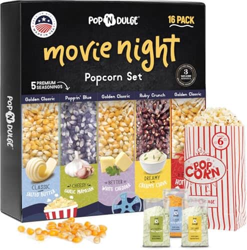 Pop n' Dulge Popcorn Movie Night Supplies 16 pcs Gift Set, 5 Gourmet Popcorn Kernels, 5 Seasoning Variety Packs Non-GMO Kosher Snacks, Great Housewarming Family Date Night Gifts Basket Ideas For Him Her