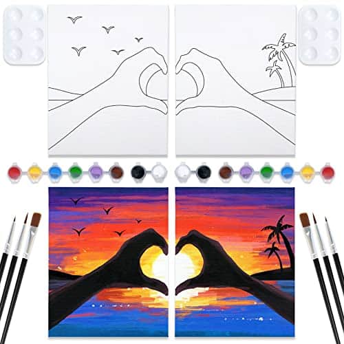 VOCHIC Sip and Paint Kit,Pre Drawn Canvas Couples Paint Party Kit Painting Art Set for Adults Date Night Sunset Heart 2 Pack (8 x 10 Inches)