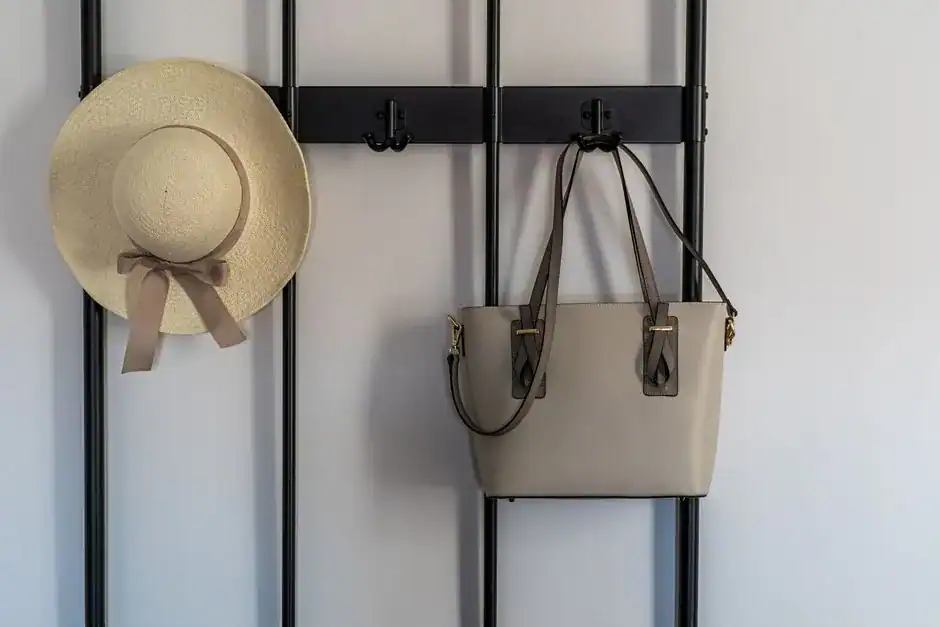 A row of wall hooks holding bags and a hat