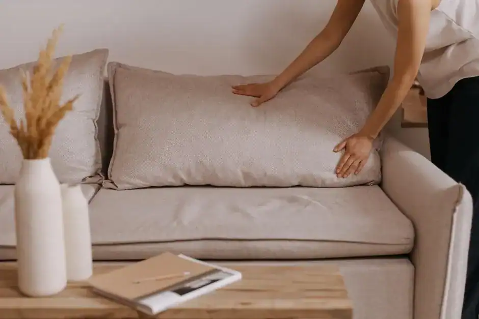 A tidy living room with neatly arranged sofa cushions