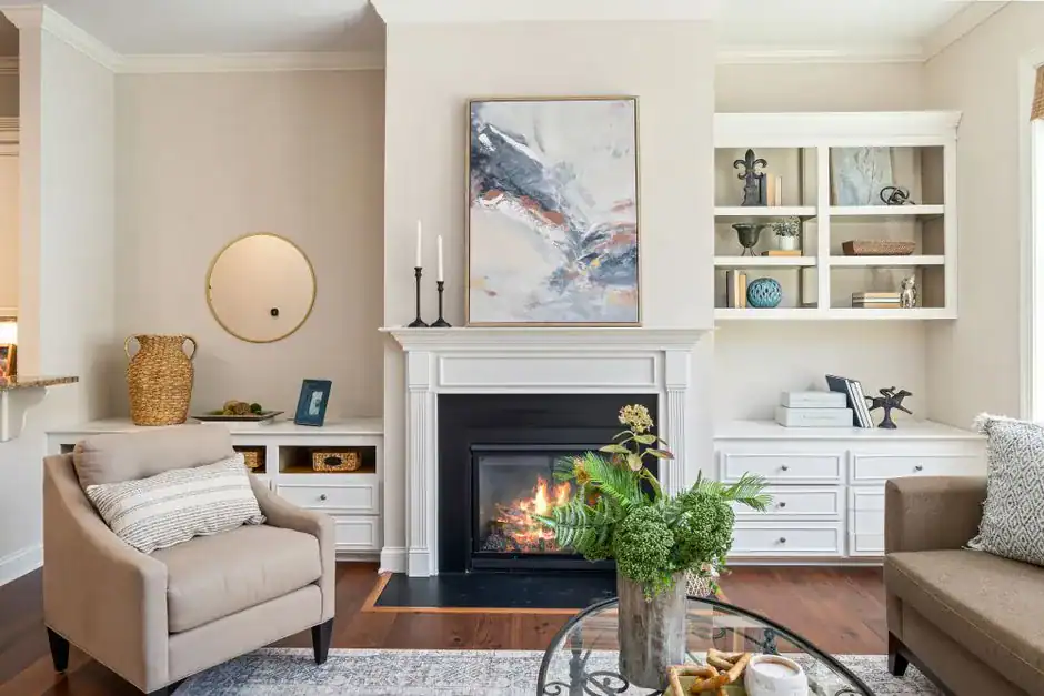 An inviting fireside seating area with two armchairs