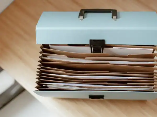 Paperwork sorted neatly into a file box with hanging folders