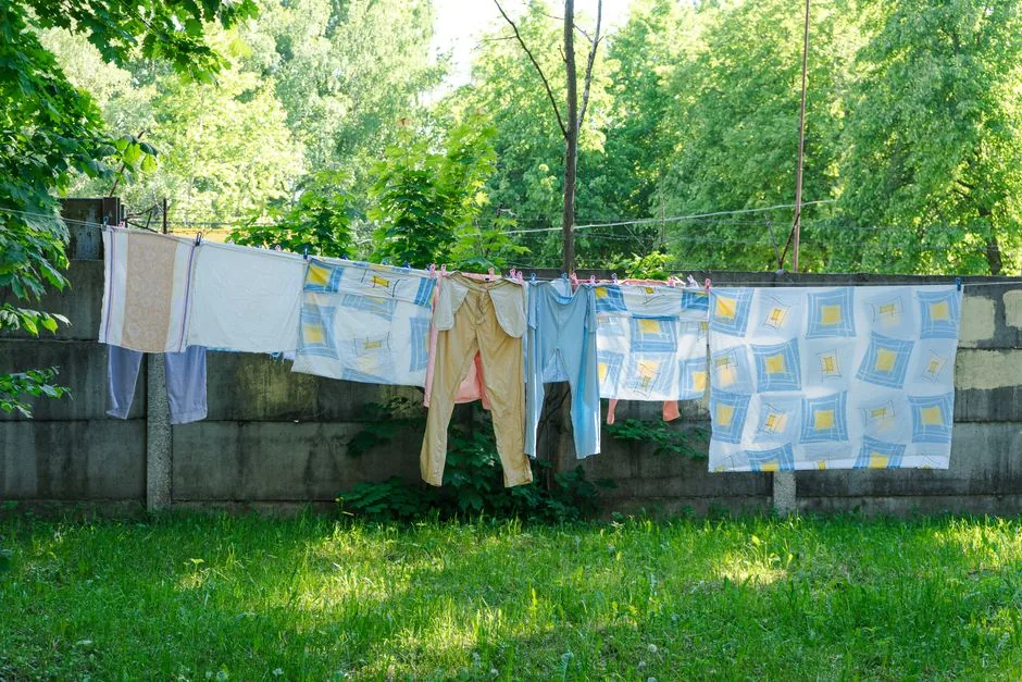 Laundry and sheets drying on a backyard clothesline