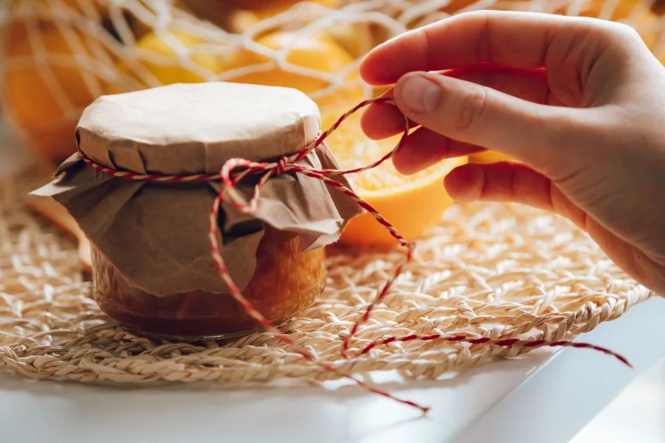 A jar of homemade jam tied with twine and paper
