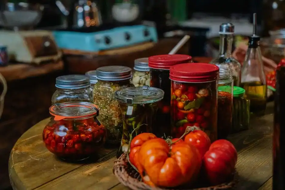 Home-canned tomatoes and preserves in glass mason jars
