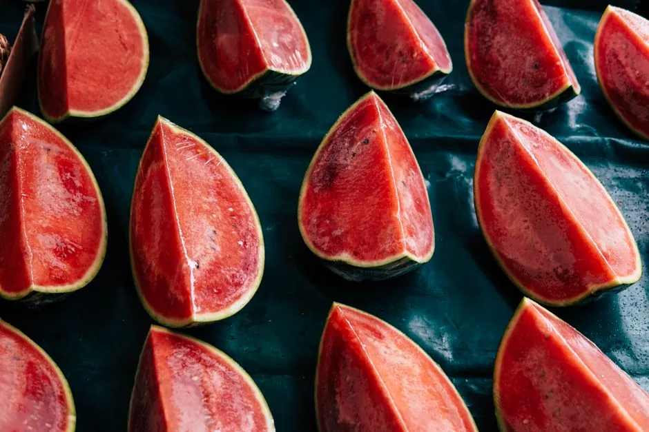 Thick wedges of ripe watermelon cut for a summer day