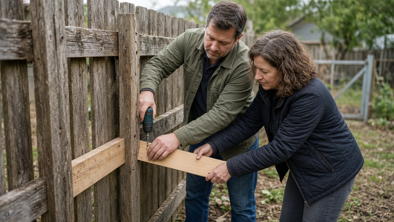 Two people repairing a wooden fence together in a backyard