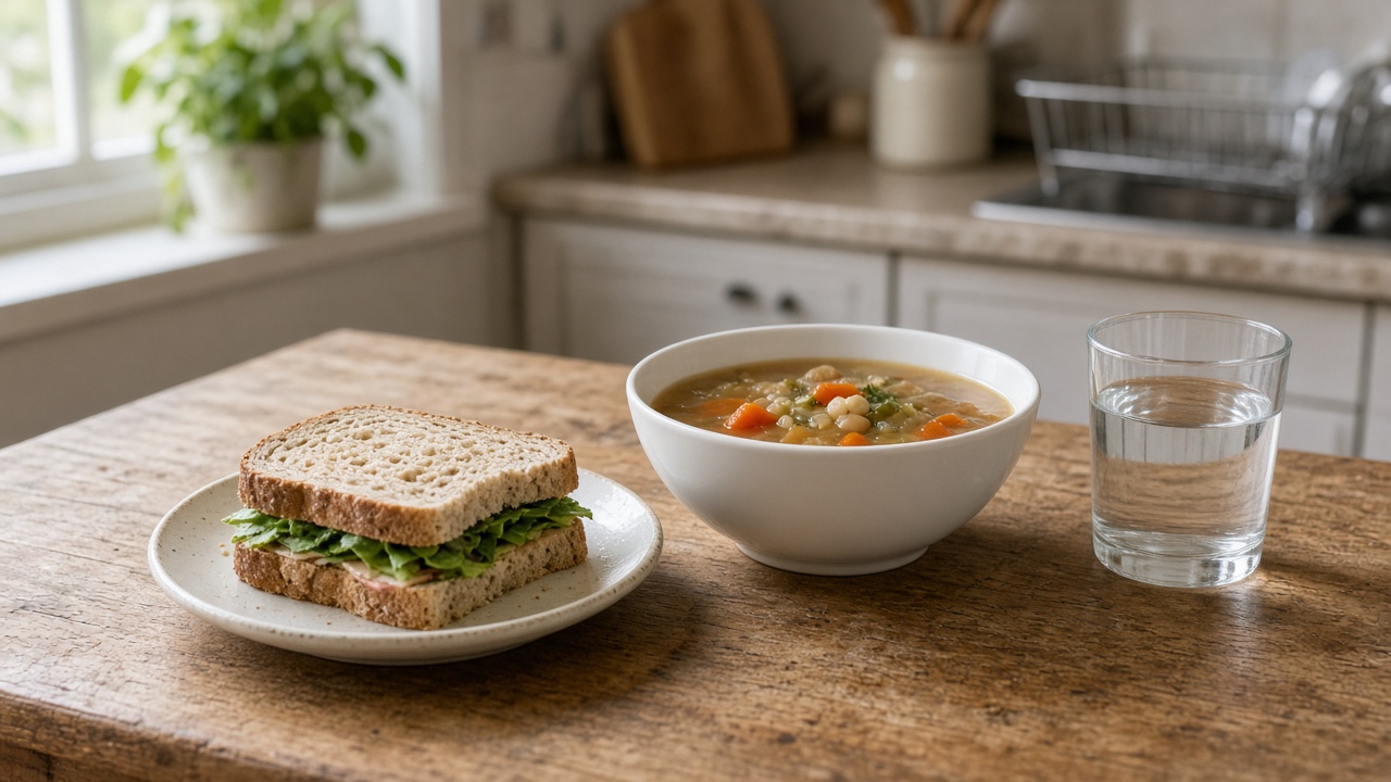 Simple homemade lunch of soup, a sandwich, and water on a wooden kitchen table