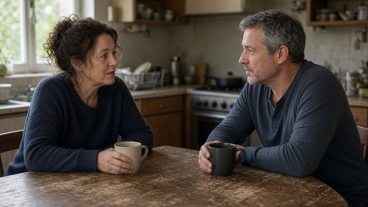 Two people sitting at a kitchen table talking face to face