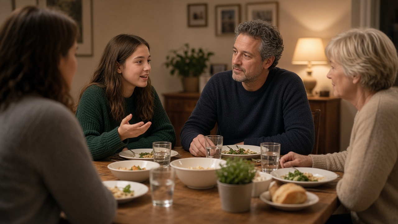 Person sitting quietly at a table while others talk