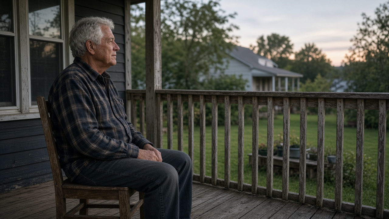Older man sitting on a porch in the evening, looking calm