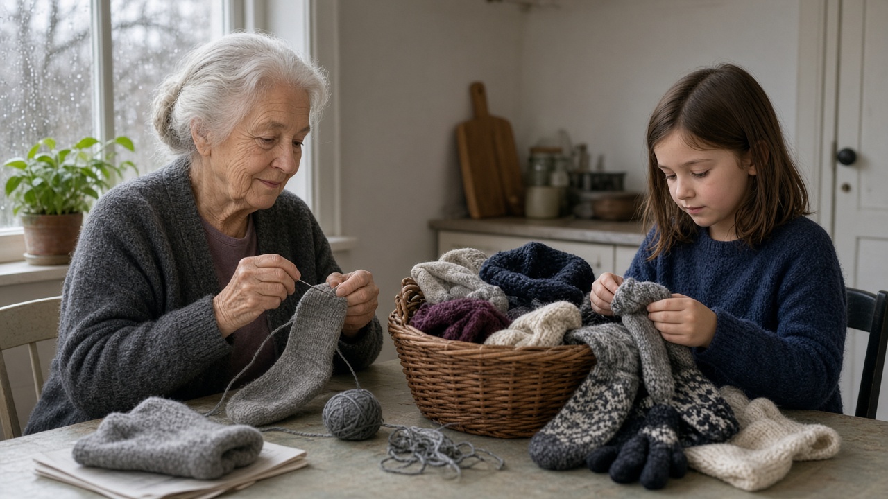 Grandmother darning a wool sock while a grandchild sorts the mitten basket