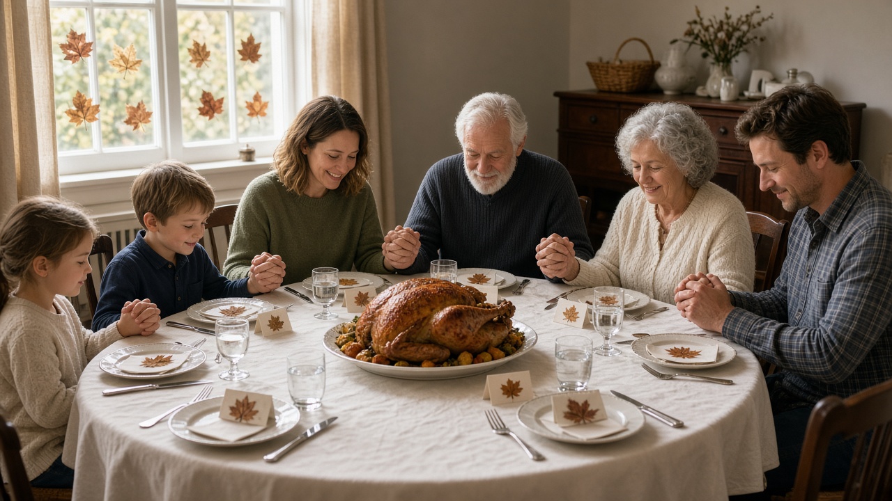 Three generations sharing what they are thankful for at Thanksgiving dinner