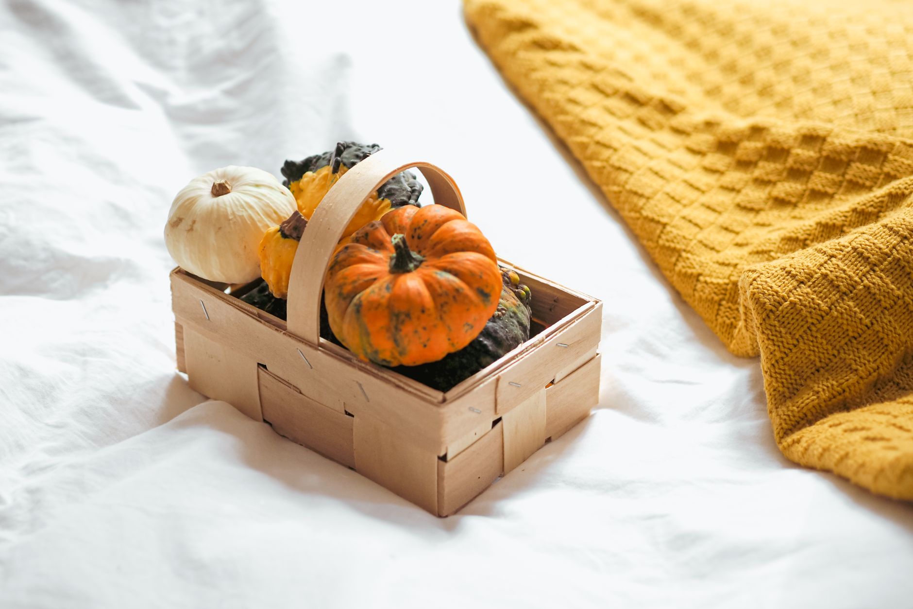 Warm orange blanket on a bed with a basket of pumpkins for fall
