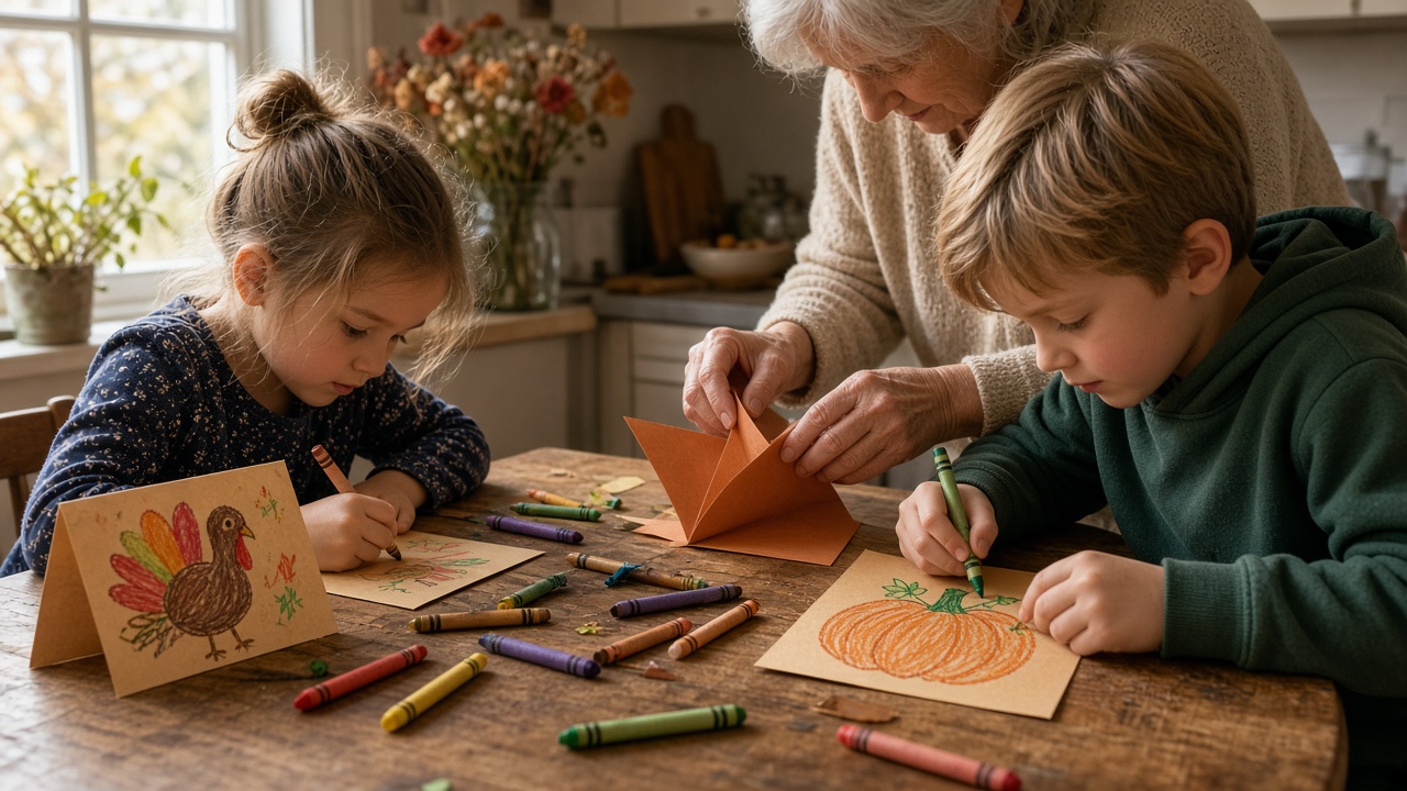 Grandchildren drawing handmade Thanksgiving place cards with crayons