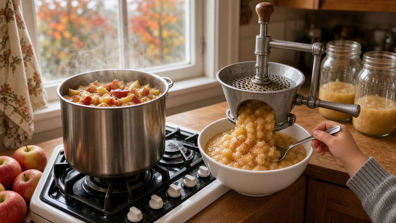 Homemade applesauce running through a vintage food mill next to a pot of cooked apples