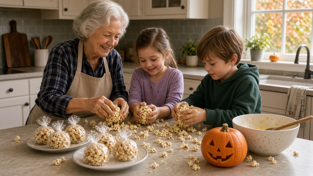 Grandmother and grandchildren making homemade popcorn balls for Halloween