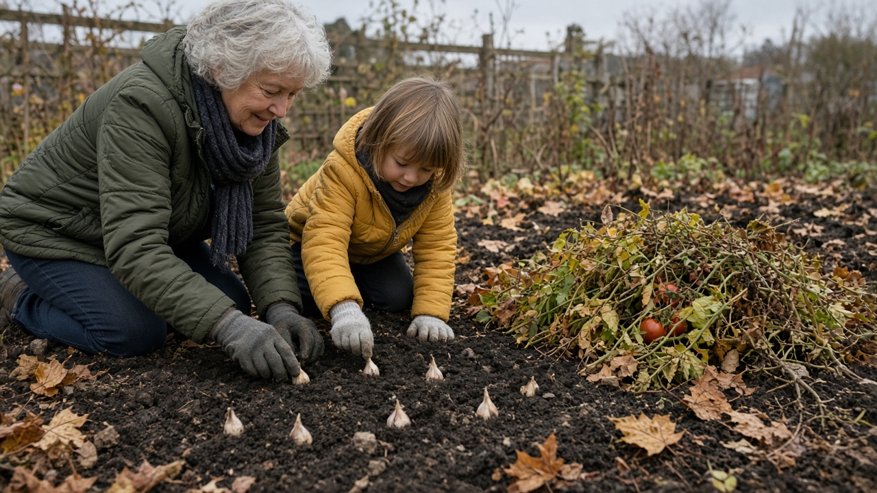 Grandmother and grandchild planting garlic cloves in a fall garden