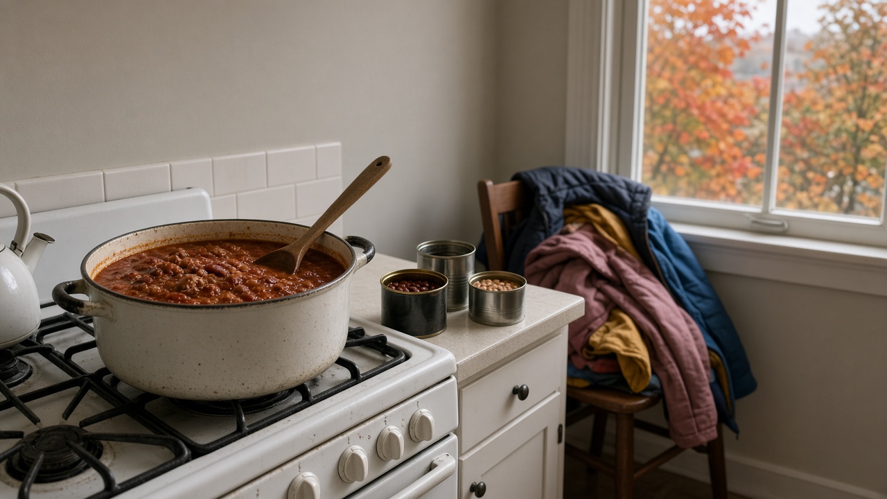 Big pot of homemade chili simmering on the stove on a cold fall day