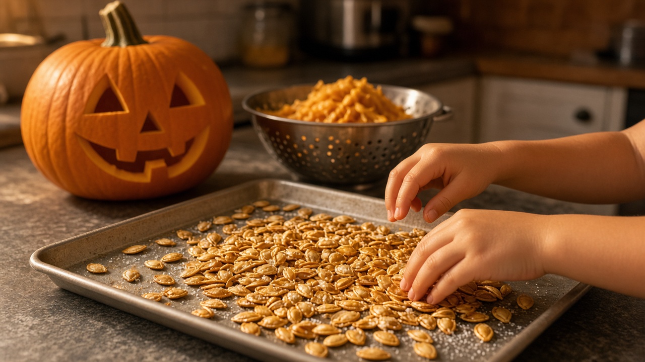 Child reaching for roasted pumpkin seeds on a baking sheet next to a jack-o'-lantern