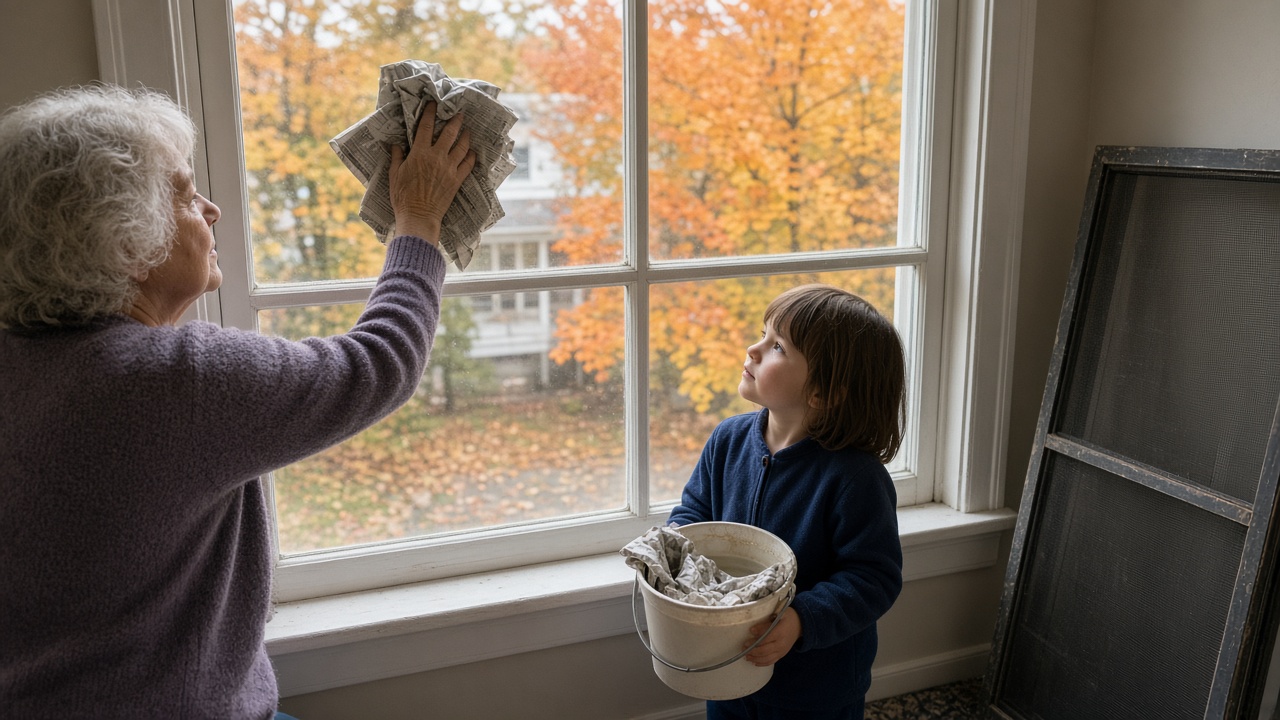 Grandmother washing a window with newspaper while a grandchild holds the bucket